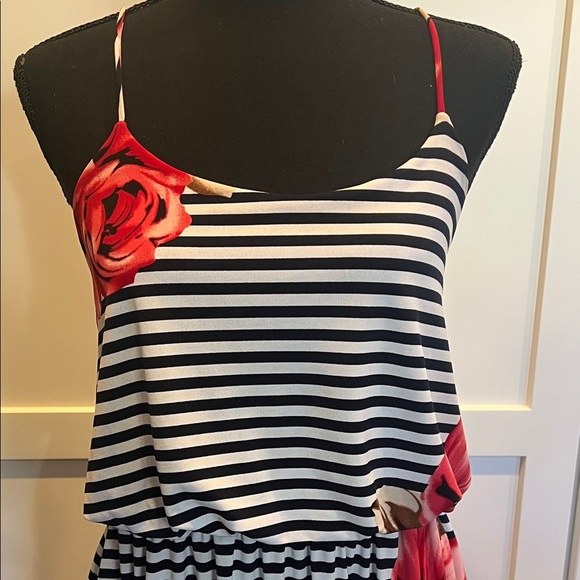 Enfocus Studio Black and White Striped Maxi Dress with Red Floral Accents - Picture 3 of 8